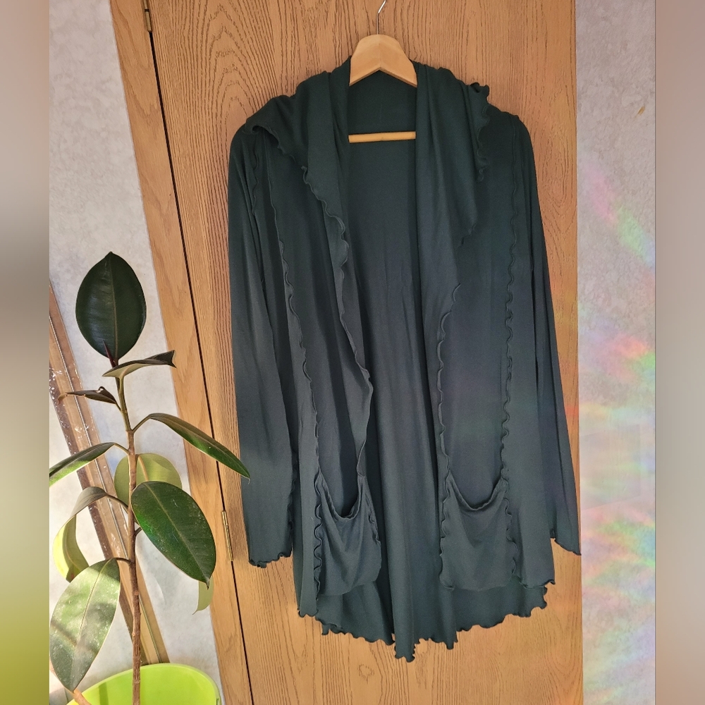 Angelrox Cardi Cardigan Jacket Pine Green Pockets Finger Holes Long Shawl Collar